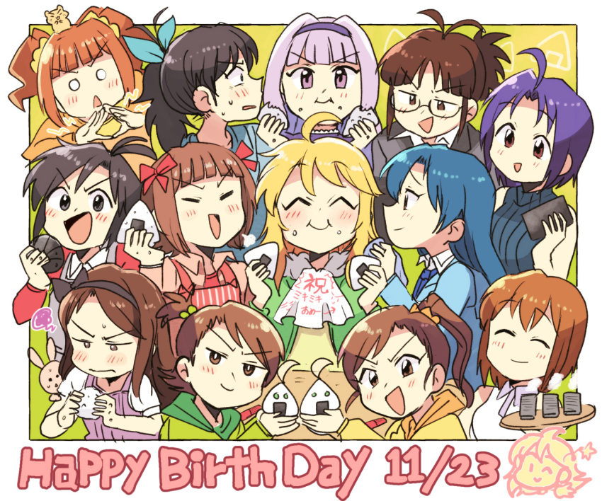 6+girls ^_^ ahoge akizuki_ritsuko amami_haruka bangs black_eyes black_headband blonde_hair blue_hair blunt_bangs blush brown_hair closed_eyes eating everyone eyebrows_visible_through_hair food futami_ami futami_mami ganaha_hibiki glasses hagiwara_yukiho happy_birthday headband highres holding holding_food hoshii_miki idolmaster idolmaster_(classic) kikuchi_makoto kisaragi_chihaya minase_iori miura_azusa multiple_girls onigiri open_mouth ponytail purple_hair shijou_takane short_hair short_sidetail side_ponytail surprised takatsuki_yayoi tsubobot twintails v-shaped_eyebrows violet_eyes