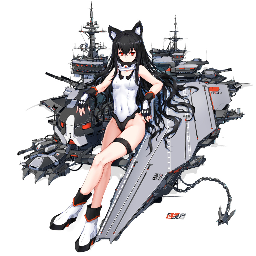 1girl anchor animal_ear_fluff animal_ears bangs bare_shoulders black_gloves black_hair boots cannon cat_ears chain closed_mouth copyright_request covered_navel crossed_legs eyebrows_visible_through_hair fingerless_gloves flight_deck full_body gloves hair_between_eyes highres long_hair looking_at_viewer machinery one-piece_swimsuit red_eyes shadow shibanme_tekikumo simple_background solo swimsuit thigh_strap turret very_long_hair white_background white_footwear white_swimsuit