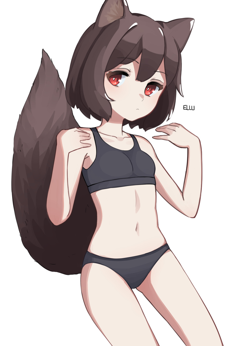1girl absurdres animal_ear_fluff animal_ears arms_up ass_visible_through_thighs black_bra black_panties bra breasts brown_eyes brown_hair dog_ears dog_tail ellu highres navel original panties short_hair simple_background small_breasts solo tail training_bra underwear underwear_only white_background