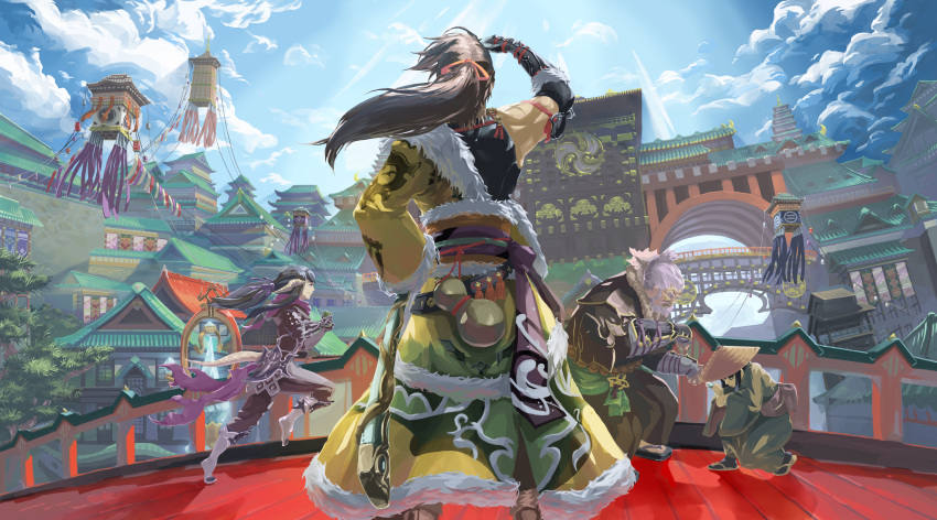 2boys 2girls absurdres architecture armored_boots asymmetrical_clothes au_ra beard black_hair blue_sky bodysuit boots bridge brown_hair building clouds coat commentary_request cup dango day dragon_girl dragon_horns dragon_tail east_asian_architecture facial_hair facing_away final_fantasy final_fantasy_xiv fisheye floating_hair food from_behind from_side fur_trim gosetsu_daito grey_hair hair_ribbon hat hien_rijin highres holding holding_cup horns hyur japanese_clothes kimono leaning_forward long_hair looking_afar looking_at_another multiple_boys multiple_girls ninja_(final_fantasy) outdoors ponytail railing ribbon running russiya samurai_(final_fantasy) scabbard scales scar sheath short_hair sky smile standing sunlight tail wagashi wind wings yotsuyu_(ff14) yugiri_mistwalker