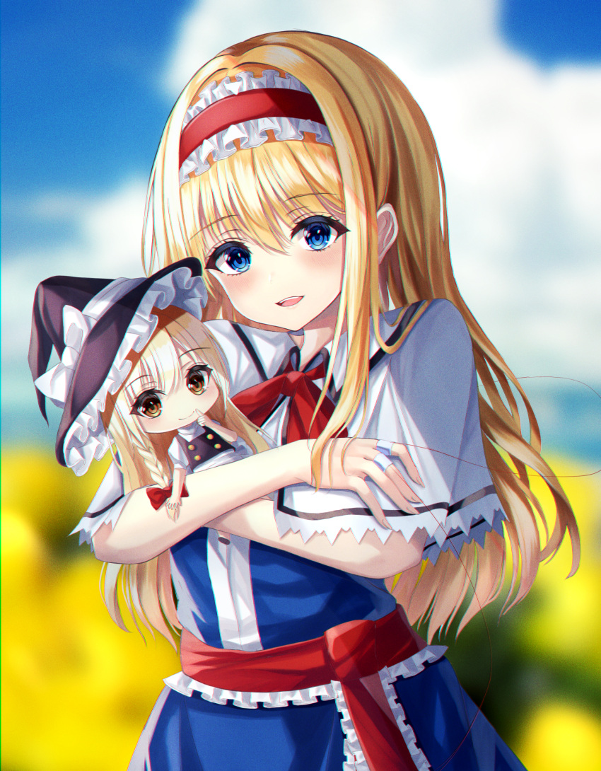 2girls alice_margatroid alternate_hair_length alternate_hairstyle black_headwear black_shirt blonde_hair blue_dress blue_eyes blurry blurry_background blush bow braid buttons capelet chibi closed_mouth clouds commentary_request day dress finger_to_mouth hair_bow hat hat_bow highres holding_another jewelry kirisame_marisa kure:kuroha long_hair looking_at_viewer multiple_girls open_mouth puffy_short_sleeves puffy_sleeves red_bow red_neckwear red_ribbon ribbon ring shirt short_sleeves single_braid sky smile touhou turtleneck upper_body white_bow white_shirt witch_hat yellow_eyes