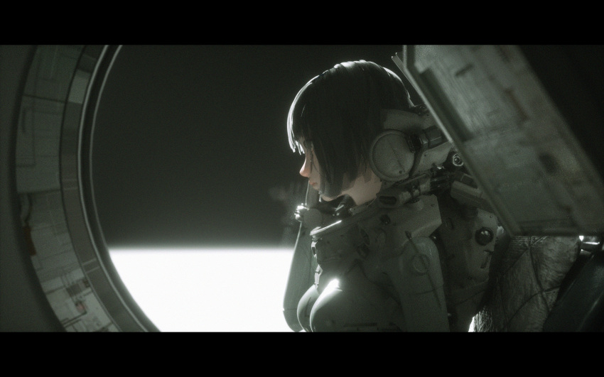 1girl bangs black_hair blurry blurry_background bodysuit breasts brown_eyes highres letterboxed novelance original profile reflection science_fiction short_hair sitting small_breasts solo spacesuit window