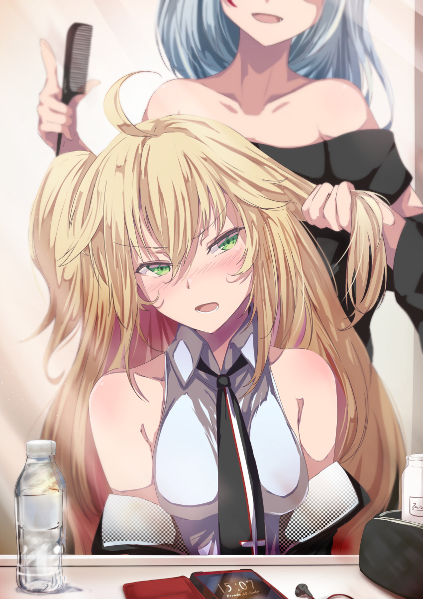 2girls absurdres admiral_hipper_(azur_lane) admiral_hipper_(muse)_(azur_lane) ahoge azur_lane bangs bare_shoulders behind_another black_neckwear black_sweater blonde_hair blush bottle cellphone collared_shirt comb combing commentary_request earphones eyebrows_visible_through_hair green_eyes hair_between_eyes highres long_hair medium_hair multiple_girls necktie off-shoulder_sweater off_shoulder open_mouth phone prinz_eugen_(azur_lane) shimofuji_jun shirt siblings silver_hair sisters sitting sleeveless sleeveless_shirt smartphone standing sweater two_side_up v-shaped_eyebrows water_bottle white_shirt