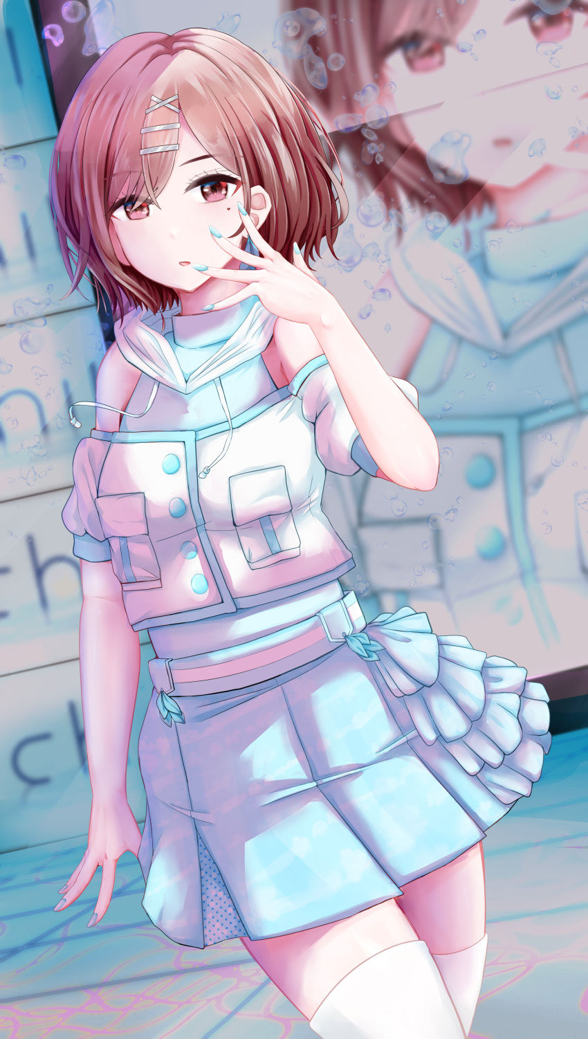 1girl absurdres aqua_leotard aqua_nails aqua_skirt bob_cut bobby_pin eyebrows_visible_through_hair eyes_visible_through_hair highres higuchi_madoka huge_filesize idol idolmaster idolmaster_shiny_colors looking_at_viewer mole mole_under_eye nail_polish open_mouth pleated_skirt red_eyes redhead short_hair sidelocks skirt solo standing thigh-highs thighs white_legwear youyu_(puch40435)