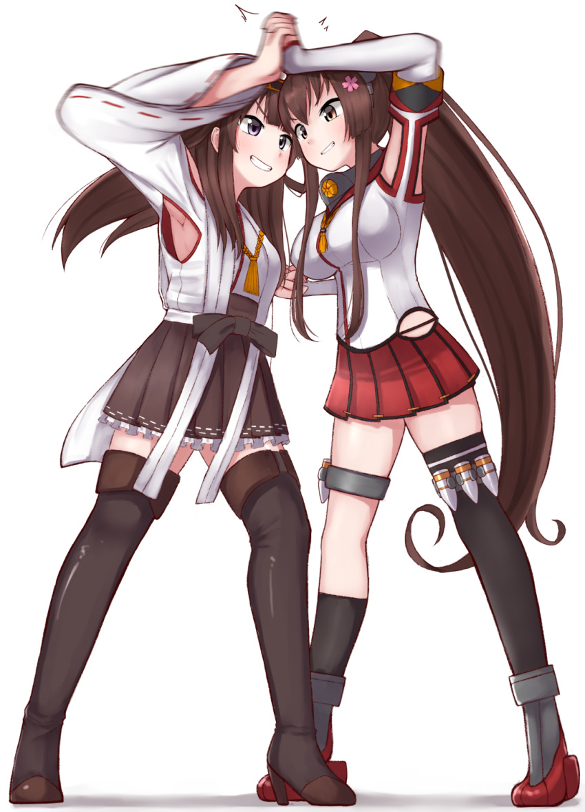 2girls ahoge black_legwear boots brown_hair brown_skirt catfight cherry_blossoms detached_collar detached_sleeves double_bun eye_contact flower grey_eyes hair_flower hair_ornament headgear highres hip_vent japanese_clothes kantai_collection kongou_(kantai_collection) long_hair looking_at_another motion_blur multiple_girls pleated_skirt ponytail red_skirt ribbon-trimmed_sleeves ribbon_trim simple_background single_thighhigh skirt standing thigh-highs thigh_boots tiemu_(man190) white_background yamato_(kantai_collection)