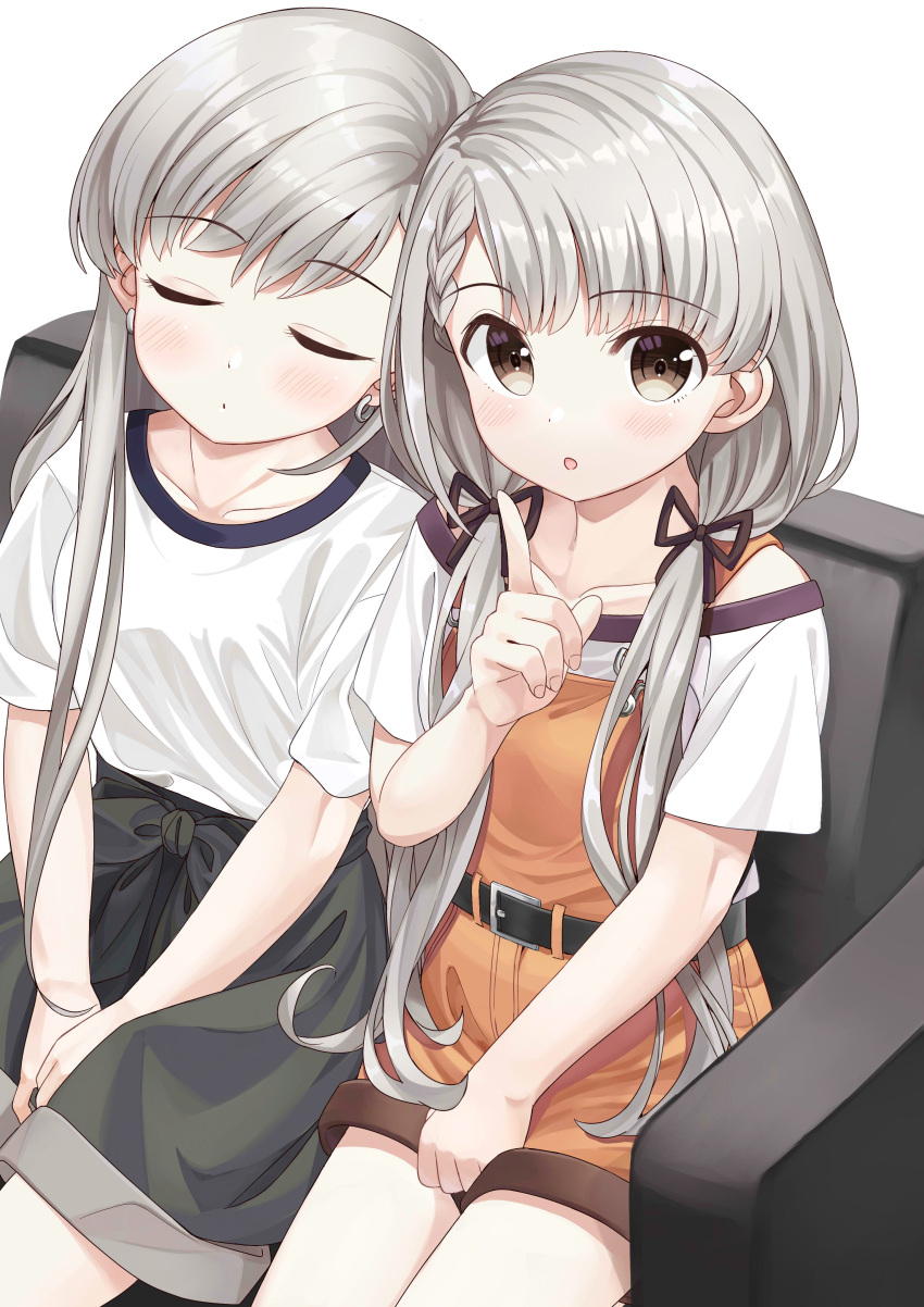 2girls absurdres belt black_skirt blush brown_eyes chair closed_eyes couch earrings eyebrows_visible_through_hair eyes_visible_through_hair grey_hair hair_between_eyes highres hisakawa_hayate hisakawa_nagi idolmaster idolmaster_cinderella_girls jewelry long_hair multiple_girls open_mouth orange_overalls overalls romper shirt short_sleeves silver_hair simple_background sitting skirt sleeping thighs twintails white_background white_hair white_shirt yata_(yatao_zzz)