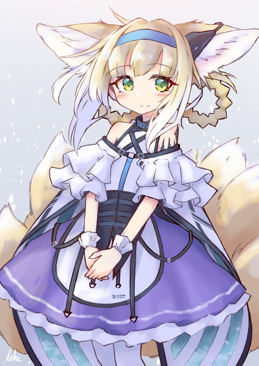 1girl absurdres animal_ear_fluff animal_ears arknights bangs bare_shoulders blonde_hair blue_hairband blush braid closed_mouth commentary_request eyebrows_visible_through_hair gradient_hair green_eyes grey_background hair_rings hairband hands_together highres ichi looking_at_viewer multicolored_hair multiple_tails own_hands_together pantyhose purple_skirt shirt skirt smile solo suzuran_(arknights) tail white_hair white_legwear white_shirt wrist_cuffs