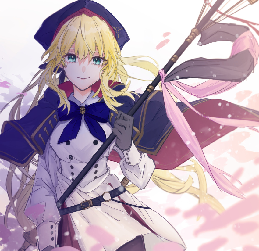 1girl absurdres artoria_pendragon_(all) artoria_pendragon_(caster) blonde_hair blue_headwear blue_ribbon blurry cape cherry_blossoms depth_of_field double-breasted fate/grand_order fate_(series) gloves green_eyes grey_gloves hair_between_eyes hat highres konsento long_hair looking_at_viewer pantyhose petals ribbon smile solo white_background