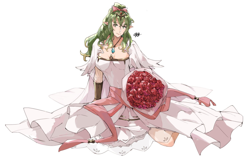 1girl alternate_costume bouquet bow bracer bride capelet dress elf fire_emblem fire_emblem_awakening flower full_body green_eyes green_hair hair_bow high_ponytail highres invisible_floor jewel_necklace long_hair looking_at_viewer pink_bow pointy_ears rose sakuremi sidelocks signature simple_background sitting solo tiara tiki_(fire_emblem) wavy_hair wedding_dress white_background white_dress