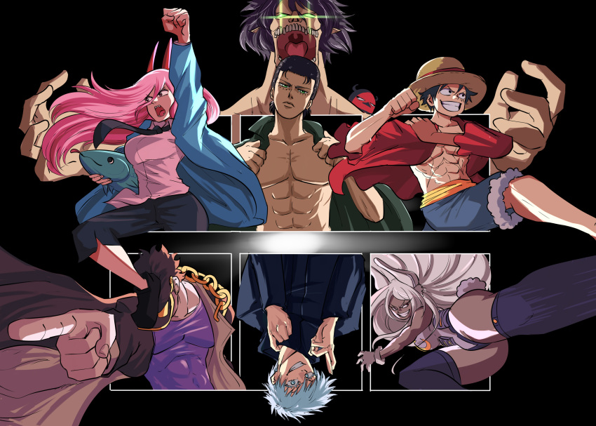 +_+ 2girls 4boys abs animal_ears arm_up bare_arms bare_pecs bare_shoulders black_eyes black_hair boku_no_hero_academia brown_hair bunny_tail character_request clenched_hand closed_mouth coat copyright_request crescent_print crossover dark_skin dark-skinned_female fang fish floating_hair foot_on_head fur-trimmed_shorts fur_collar fur_trim gakuran glowing glowing_eyes green_eyes grey_eyes grey_hair grin half-closed_eyes hat head_tilt highres jojo_no_kimyou_na_bouken kicking kuujou_joutarou leotard long_hair long_sleeves looking_at_viewer looking_to_the_side mirko monkey_d_luffy multiple_boys multiple_crossover multiple_girls muscle necktie one_piece open_clothes open_mouth outstretched_arm pants pectorals pink_eyes pink_hair pointing rabbit_ears rabbit_girl red_eyes rogue_titan scar school_uniform shingeki_no_kyojin shirt shoes short_hair shorts six_fanarts_challenge smile stardust_crusaders straw_hat superhero tail taut_leotard teeth tina_fate upside-down v-shaped_eyebrows