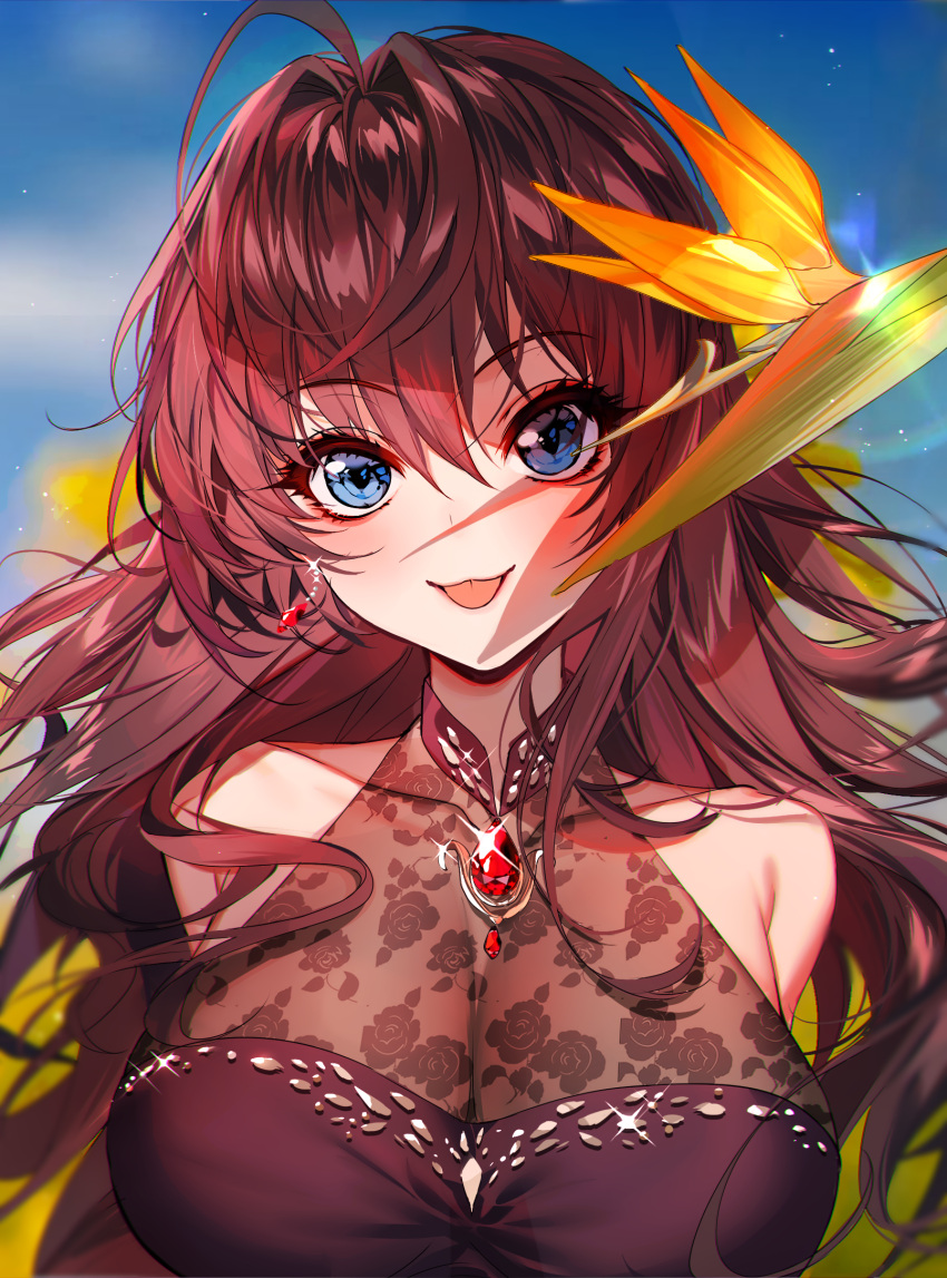 1girl :p ahoge bangs baocaizi bare_shoulders black_dress blue_eyes blurry blurry_background breasts brown_hair closed_mouth collarbone commentary_request covered_collarbone depth_of_field dress earrings eyebrows_visible_through_hair floral_print glint hair_between_eyes hair_intakes highres ichinose_shiki idolmaster idolmaster_cinderella_girls jewelry long_hair looking_at_viewer medium_breasts rose_print ruby_(gemstone) sleeveless sleeveless_dress smile solo tongue tongue_out upper_body