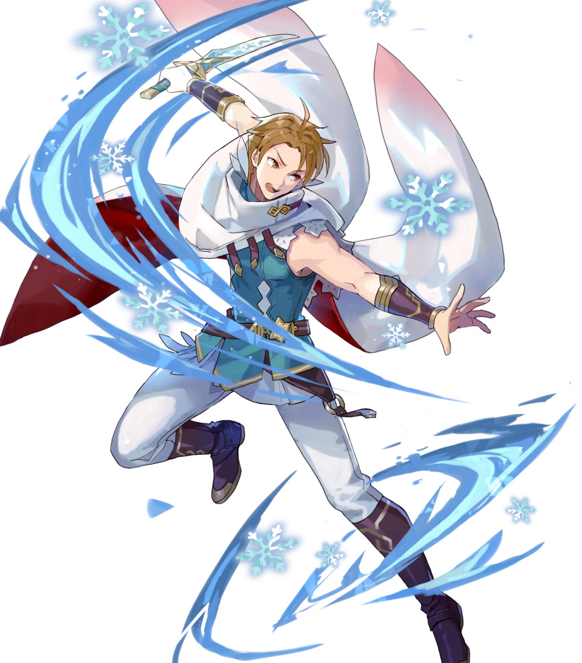 1boy 1man attacking belt blonde_hair blue_clothes boots brown_eyes cape determined fire_emblem fire_emblem_heroes greaves knight magic muscular open_mouth smile white_cape