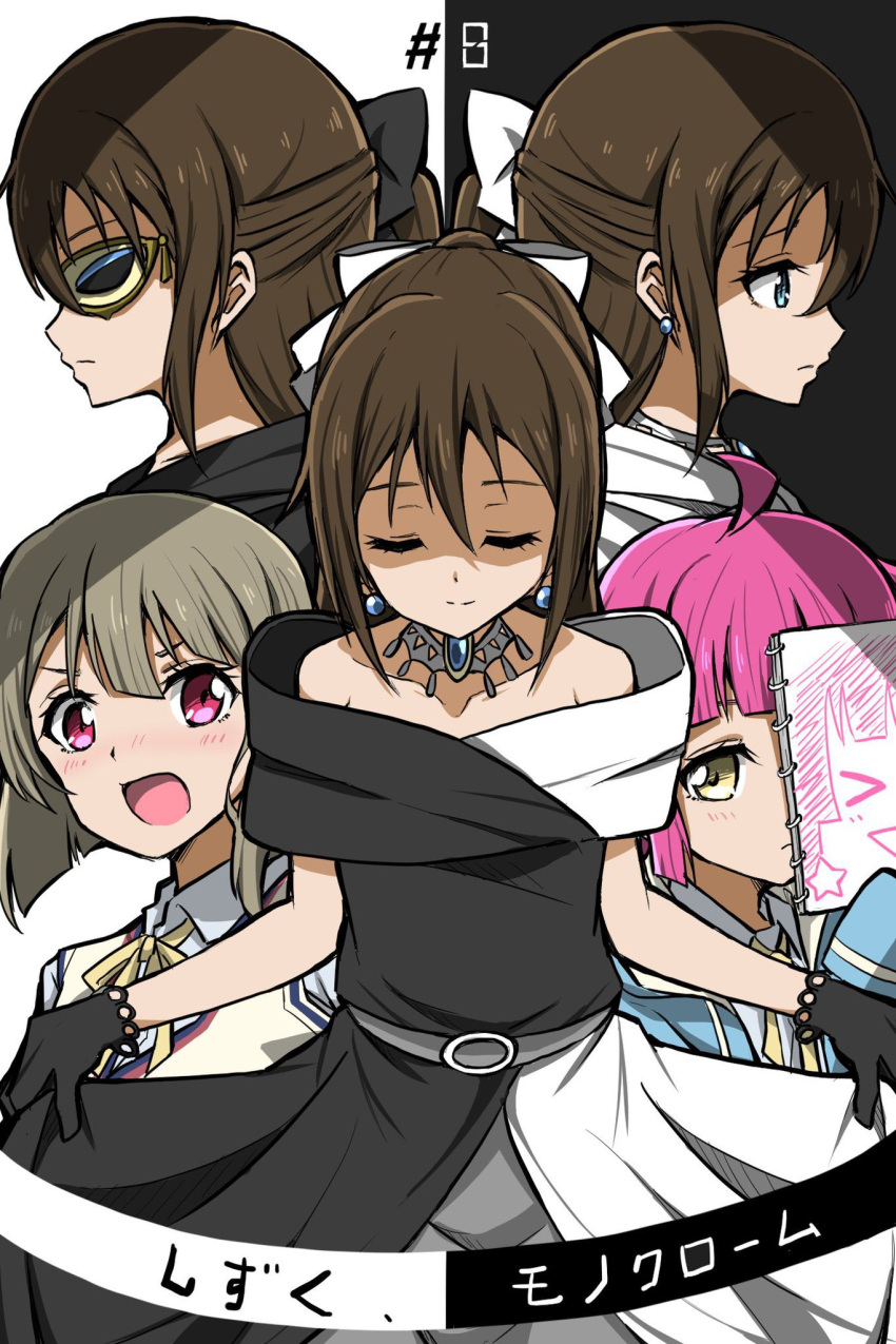 3girls amatume111 bangs bare_arms bare_shoulders black_bow black_dress black_gloves blue_eyes blush bow bow_hairband brown_hair collarbone dress drop_earrings dual_persona earrings evening_gown gloves hair_between_eyes hair_bow hairband half_updo highres jewelry lace lace_gloves large_bow long_hair love_live! love_live!_nijigasaki_high_school_idol_club multicolored multicolored_clothes multiple_girls necklace open_mouth ousaka_shizuku sleeveless sleeveless_dress transla white_bow white_dress yellow_bow