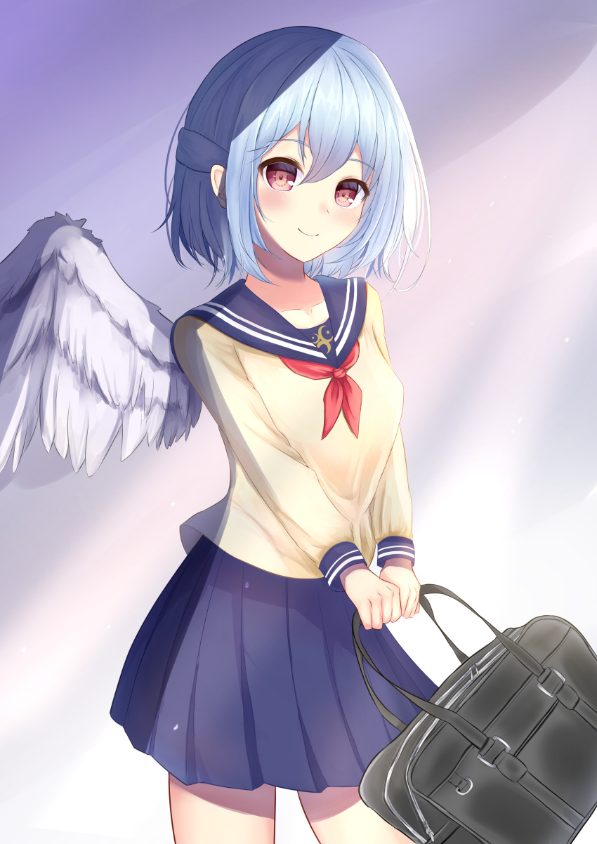 1girl absurdres alternate_costume angel_wings bag beige_shirt blue_skirt blush breasts closed_mouth collarbone commentary_request contrapposto cowboy_shot feathered_wings head_tilt highres holding holding_bag kishin_sagume looking_at_viewer medium_breasts niko_kusa pleated_skirt red_eyes red_neckwear school_bag school_uniform serafuku short_hair silver_hair simple_background single_wing skirt smile solo touhou v_arms wall wings