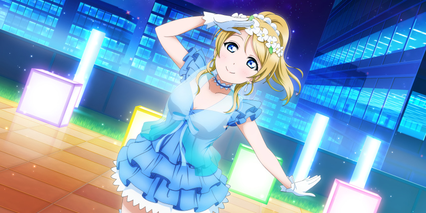 ayase_eli blonde_hair blue_eyes blush dress long_hair love_live!_school_idol_festival_all_stars ponytail smile