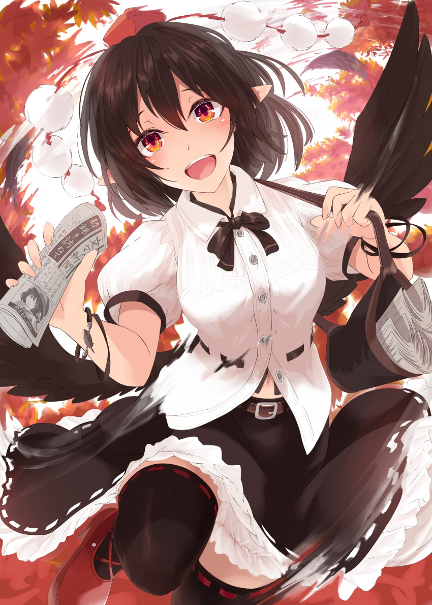 1girl :d bag belt bird_wings black_bow black_hair black_legwear black_neckwear black_skirt black_wings bow bowtie breasts buttons collared_shirt commentary_request geta hat highres kagami_toufu leaf maple_leaf medium_breasts navel newspaper open_mouth orange_eyes pointy_ears pom_pom_(clothes) puffy_short_sleeves puffy_sleeves red_footwear red_headwear ribbon_trim shameimaru_aya shirt short_hair short_sleeves shoulder_bag skirt smile solo tengu-geta thigh-highs tokin_hat touhou tree white_shirt wings zettai_ryouiki