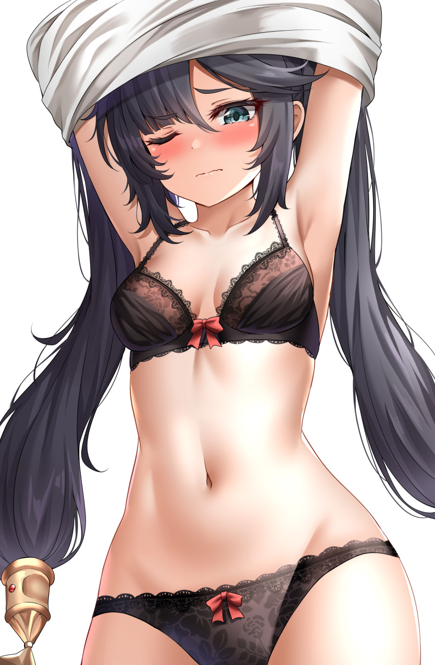1girl absurdres armpits arms_up bangs black_bra black_hair black_panties blush bow bra breasts closed_mouth collarbone cowboy_shot floral_print genshin_impact hair_between_eyes hair_ornament highres lace lace_bra lace_panties long_hair medium_breasts messy_hair mona_(genshin_impact) navel one_eye_closed panties red_bow revision shirt shirt_removed sidelocks simple_background solo stomach sunhyun twintails underwear undressing white_background white_shirt