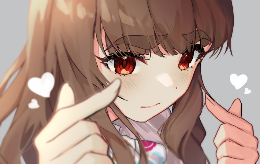 1girl absurdres bangs blurry blush brown_hair close-up closed_mouth commentary_request depth_of_field eyebrows_visible_through_hair face grey_background heart highres idolmaster idolmaster_cinderella_girls kamiya_nao long_hair pointing pointing_at_self red_eyes shino_sto sidelocks simple_background solo thick_eyebrows
