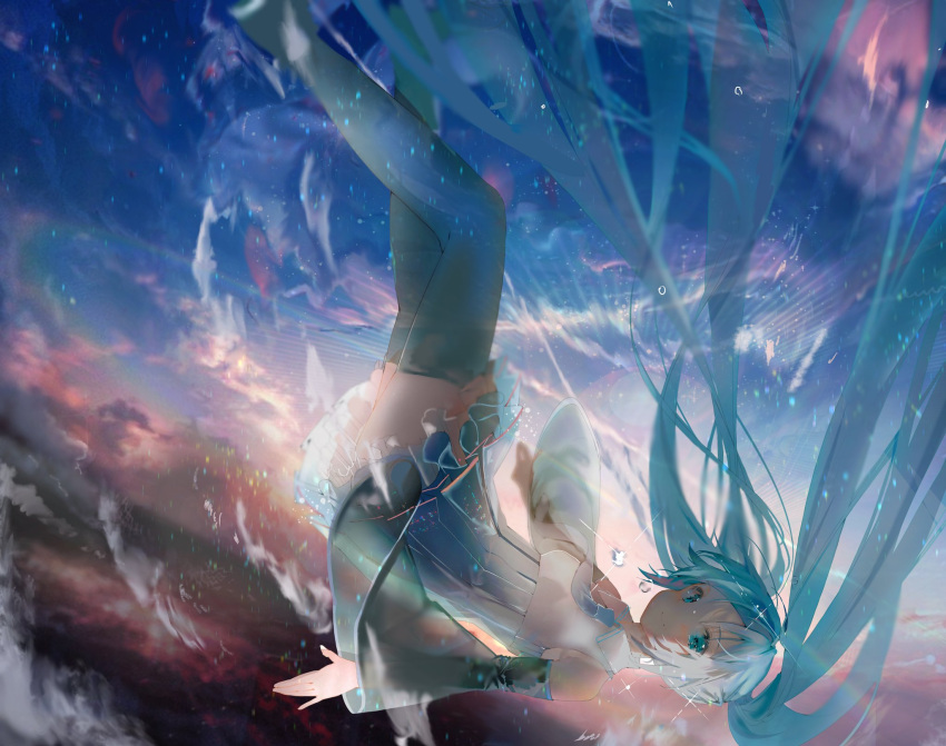 1girl alternate_costume arms_at_sides black_legwear blue_dress blue_eyes blue_hair blue_neckwear blue_sky closed_mouth clouds cloudy_sky collared_dress condensation_trail dark_clouds detached_sleeves dress falling feet_out_of_frame floating_hair frilled_dress frills gradient gradient_dress hatsune_miku highres iftuoma legs_together long_hair looking_at_viewer messy_hair necktie outdoors pink_clouds pleated_dress see-through see-through_sleeves shaded_face short_dress sidelocks sky sleeveless sleeveless_dress smile solo sun sunlight sunset tareme thigh-highs twintails upside-down very_long_hair vocaloid water white_dress zettai_ryouiki