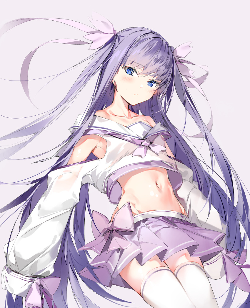1girl absurdres bangs bare_shoulders blue_eyes blush bow closed_mouth collarbone commentary_request crop_top eyebrows_visible_through_hair fate/grand_order fate_(series) grey_background hair_between_eyes hair_ribbon highres long_hair long_sleeves looking_at_viewer meltryllis midriff navel off_shoulder pink_ribbon pleated_skirt purple_bow purple_hair purple_skirt ribbon sailor_collar school_uniform serafuku shirt silver_(chenwen) simple_background skirt sleeves_past_fingers sleeves_past_wrists solo thigh-highs very_long_hair white_legwear white_sailor_collar white_shirt