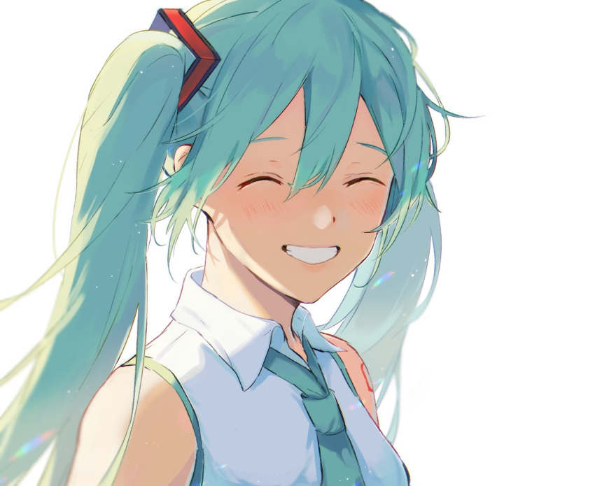 1girl aqua_hair aqua_neckwear arms_at_sides backlighting bare_shoulders blurry blurry_background blurry_foreground clenched_teeth close-up closed_eyes collared_shirt depth_of_field dot_nose face facing_viewer floating_hair grin hair_between_eyes happy hatsune_miku konomi_(kumagai20) light light_blush light_particles long_hair necktie shirt shoulder_tattoo sidelocks simple_background sleeveless sleeveless_shirt smile solo tareme tattoo teeth twintails upper_body vocaloid white_background white_shirt