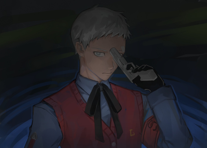 1boy absurdres armband black_gloves black_neckwear blue_background commentary english_commentary evoker gloves gradient gradient_background grey_eyes grey_hair gun gun_to_head highres holding holding_gun holding_weapon hongye366 long_sleeves looking_at_viewer male_focus muted_color necktie persona persona_3 red_sweater s.e.e.s sanada_akihiko shirt short_hair solo sweater upper_body weapon white_shirt