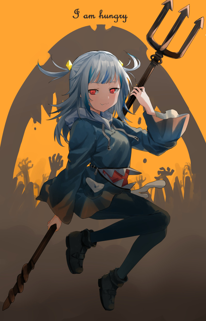 1girl :3 absurdres alternate_eye_color ankle_boots boots drawstring english_text fang full_body gawr_gura hands highres holding holding_polearm holding_weapon hololive hololive_english hoodie_dress jaws_(movie) long_hair looking_at_viewer multicolored_hair orange_background pocket polearm polearm_behind_back rawfishbird red_eyes shark silver_hair solo streaked_hair teeth trident two_side_up weapon