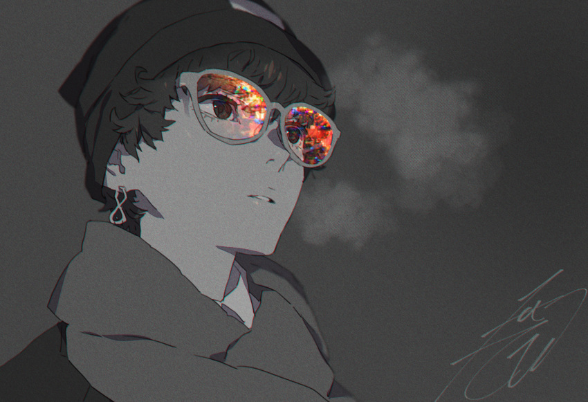 1boy bangs beanie breath close-up earrings hat jewelry kobayashi_gen looking_up monochrome original parted_lips scarf signature single_earring solo spot_color sunglasses upper_body