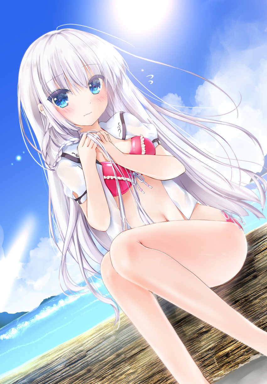 1girl absurdres asahina_yori bangs bikini bikini_under_clothes blouse blue_eyes blue_sky blush braid closed_mouth clouds cloudy_sky commentary dutch_angle eyebrows_visible_through_hair flying_sweatdrops frilled_bikini frills front-tie_bikini front-tie_top hands_on_own_chest highres legs light_frown long_hair looking_at_viewer naruse_shiroha navel no_pants ocean open_blouse open_clothes outdoors red_bikini sailor_collar silver_hair sitting sky solo summer_pockets sun swimsuit waves white_blouse white_sailor_collar