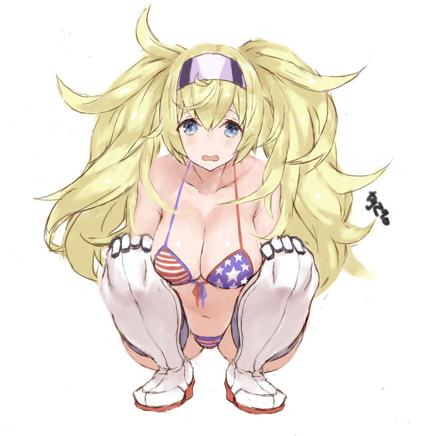 1girl absurdres american_flag_bikini artist_name bikini blonde_hair blue_eyes breasts flag_print gambier_bay_(kantai_collection) hairband highres kantai_collection large_breasts looking_at_viewer open_mouth ryo_(tg290) simple_background solo squatting swimsuit thigh-highs twintails white_background white_legwear