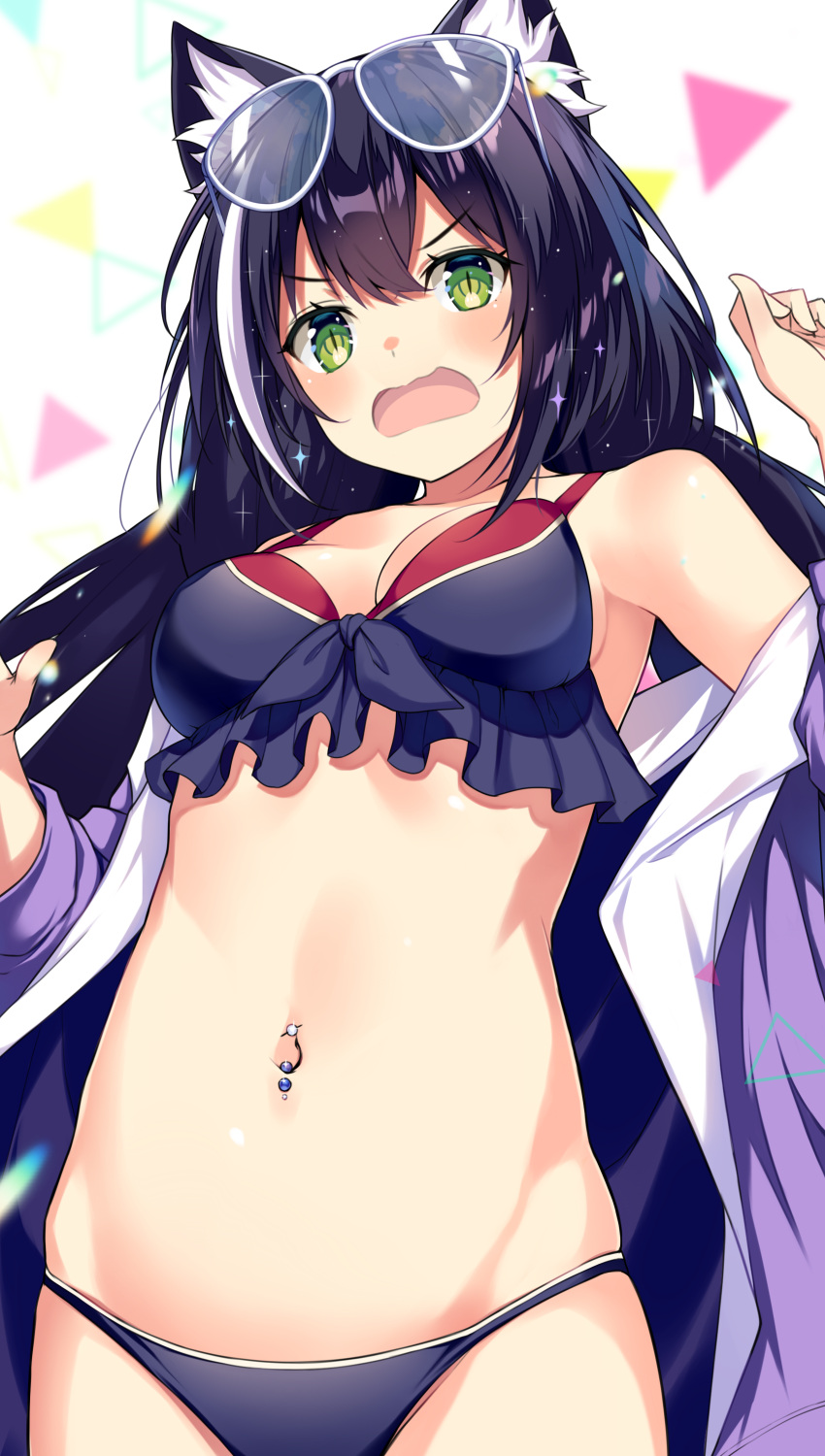 &gt;:o 1girl absurdres animal_ear_fluff animal_ears arms_up bangs bikini black_hair blush breasts cat_ears cat_girl dot_nose eyebrows_visible_through_hair eyewear_on_head frilled_bikini frills from_below green_eyes groin hair_between_eyes highres hip_bones jacket karyl_(princess_connect!) kurebayashi_noe looking_at_viewer low_twintails midriff multicolored_hair navel navel_piercing off_shoulder open_mouth piercing princess_connect! princess_connect!_re:dive purple_jacket skinny solo stomach streaked_hair swimsuit twintails white-framed_eyewear white_hair