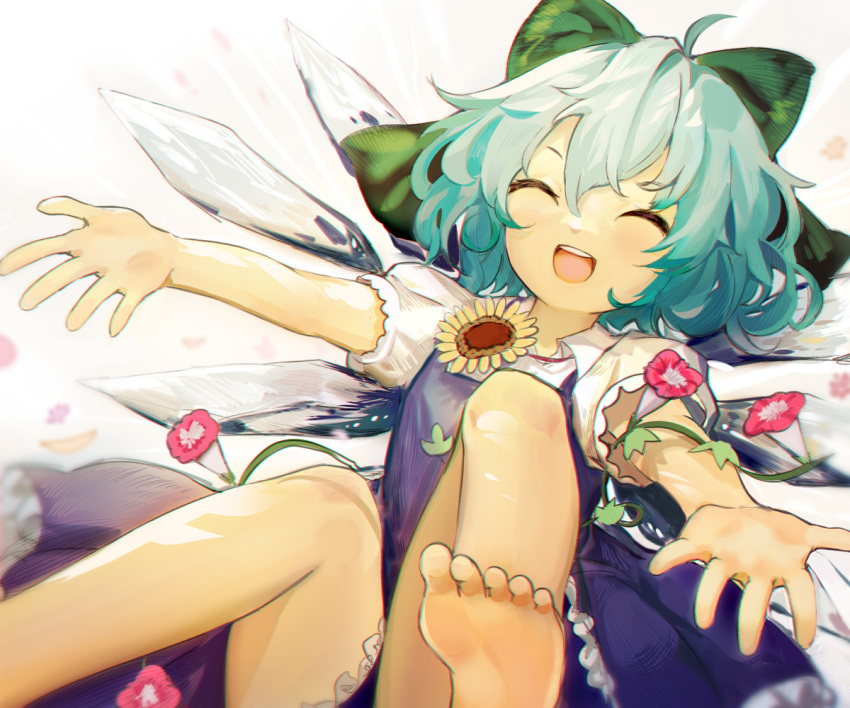 1girl bangs blue_dress blue_hair bow cirno closed_eyes collared_shirt dress eyebrows_visible_through_hair fairy flower green_bow hair_bow ice ice_wings open_mouth outstretched_arms pink_flower plant shirt short_hair short_sleeves simple_background siyumu smile solo spread_arms sunflower tanned_cirno touhou vines white_background white_shirt wings yellow_flower