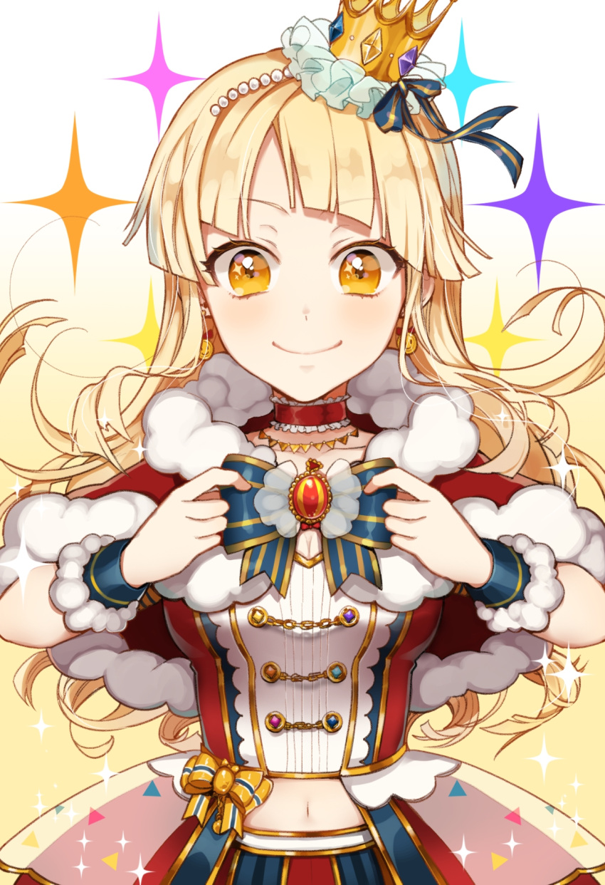 1girl bang_dream! bangs bari_dal blonde_hair blue_bow blush bow bowtie breasts capelet choker closed_mouth crown earrings eyebrows_visible_through_hair frilled_choker frills fur-trimmed_capelet fur_trim gradient gradient_background hat hat_bow highres jewelry long_hair looking_at_viewer medium_breasts mini_crown navel orange_eyes red_neckwear sidelocks smile solo star_(symbol) stomach tsurumaki_kokoro upper_body