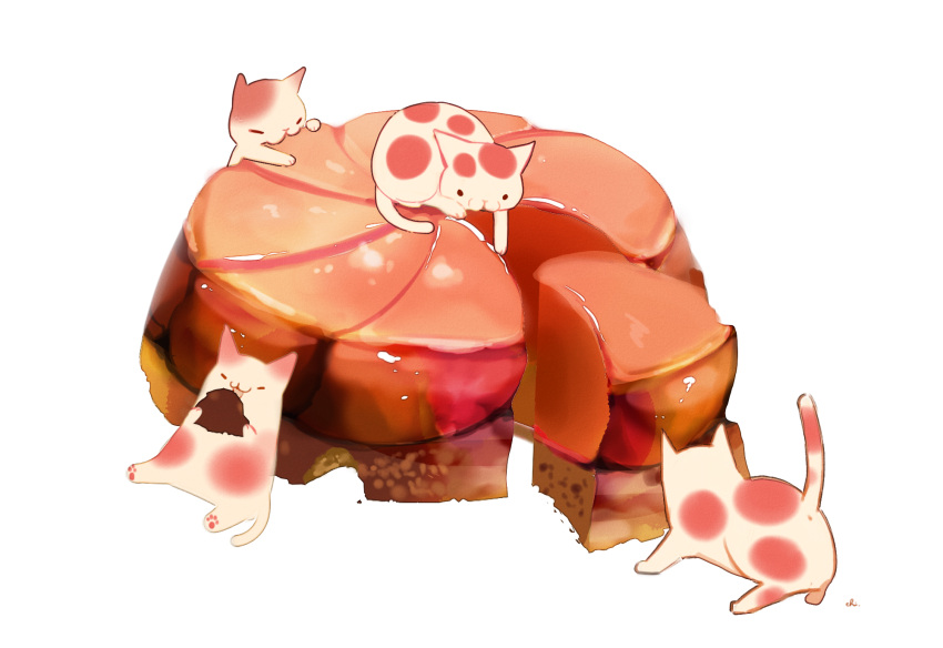 animal cat chai commentary_request eating food highres holding holding_food no_humans original pulling signature sitting_on_food slice tart_(food) undersized_animal white_background