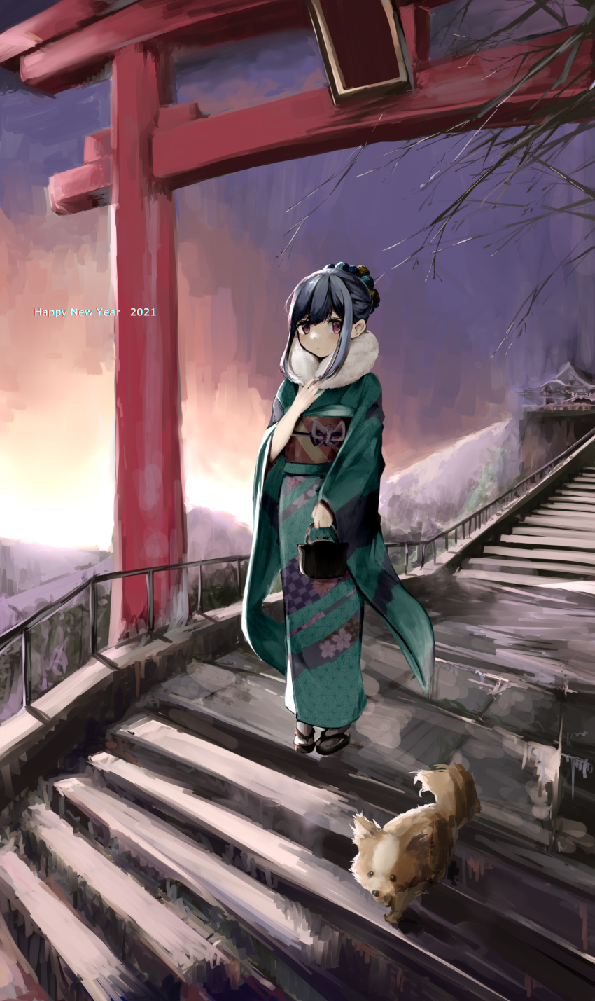 1girl bangs blue_hair closed_mouth dog furisode green_kimono hair_ornament highres japanese_clothes kimono kinchaku leadin_the_sky long_hair long_sleeves looking_at_viewer mountainous_horizon multicolored multicolored_clothes new_year obi obijime pouch sash shima_rin solo stairs standing striped_clothes tabi torii violet_eyes welsh_corgi yurucamp