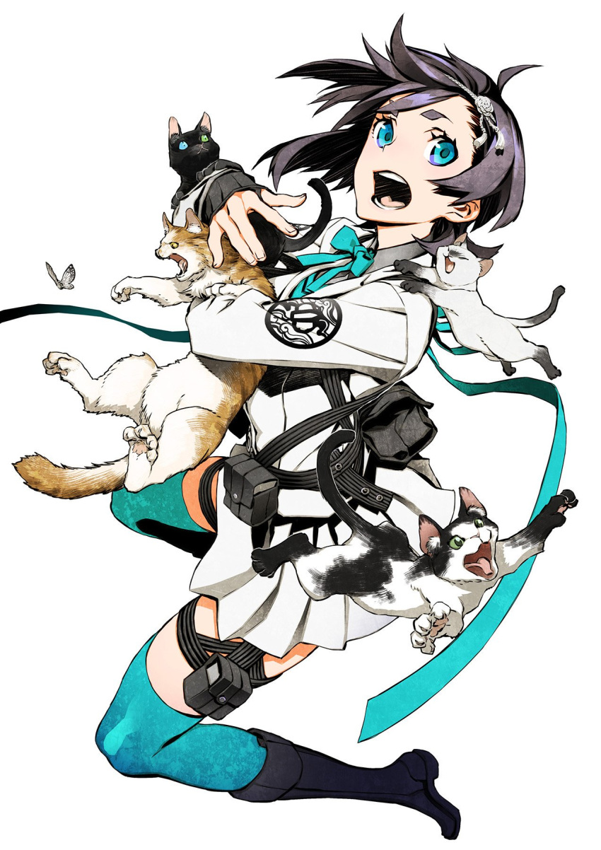 1girl 7th_dragon_(series) 7th_dragon_iii animal black_cat black_footwear black_hair blue_eyes blue_legwear boots bug butterfly cat closed_eyes emblem green_eyes hairband harness heterochromia highres holding holding_animal holding_cat holster insect long_sleeves looking_at_viewer miwa_shirou official_art open_mouth pleated_skirt ribbon samurai_(7th_dragon_series) short_hair siamese_cat simple_background skirt solo thigh-highs thigh_holster white_background white_skirt yaiba_(7th_dragon_iii)