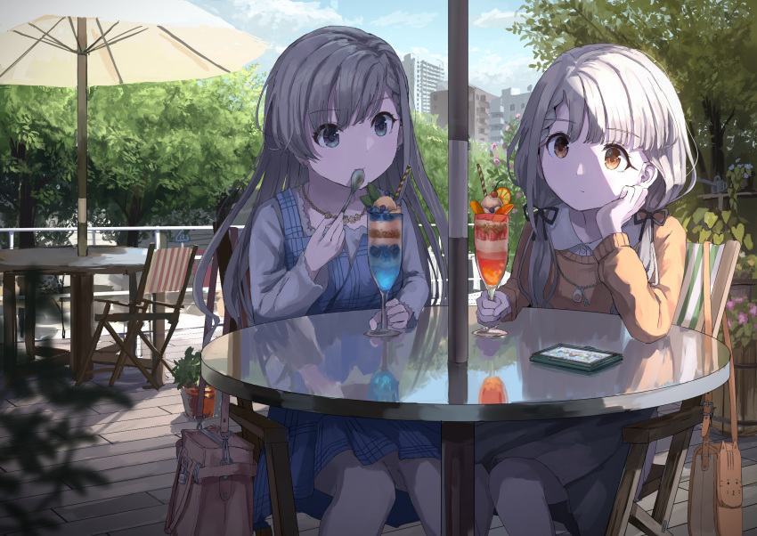 2girls bag braid brown_eyes cityscape closed_mouth dress earrings eating eyebrows_visible_through_hair eyes_visible_through_hair flower grey_eyes grey_hair grey_skirt highres hisakawa_hayate hisakawa_nagi idolmaster idolmaster_cinderella_girls jewelry long_hair long_sleeves looking_at_viewer multiple_girls necklace nemu_kotatsu orange_shirt outdoors pantyhose parfait pinafore_dress plant shirt shoulder_bag silver_hair single_braid skirt tree twintails white_hair white_legwear white_shirt