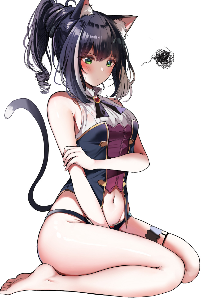 1girl absurdres animal_ears arm_between_legs black_hair black_panties blush breasts cat_ears cat_tail green_eyes halter_top halterneck highres karyl_(princess_connect!) navel panties princess_connect! princess_connect!_re:dive sak_(lemondisk) seiza simple_background sitting solo tail underwear