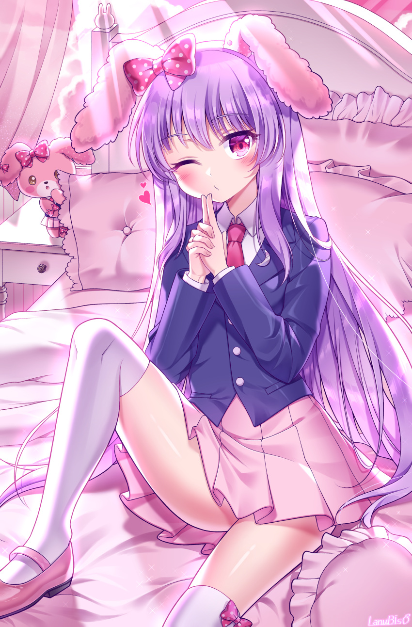 1girl absurdres animal_ear_fluff animal_ears bangs bed bed_sheet blazer bonbonribbon bonbonribbon_(cosplay) bow buttons collared_shirt cosplay crescent crescent_moon_pin curtains full_body hair_bow hands_clasped heart highres index_fingers_raised indoors jacket lanubis light_rays long_hair long_sleeves looking_at_another looking_at_viewer necktie one_eye_closed open_mouth own_hands_together peeking_out pillow pink_eyes pink_footwear pink_skirt pleated_skirt polka_dot polka_dot_bow purple_hair rabbit rabbit_ears red_bow red_neckwear reisen_udongein_inaba sanrio shirt sitting skirt touhou white_legwear white_shirt window yellow_eyes