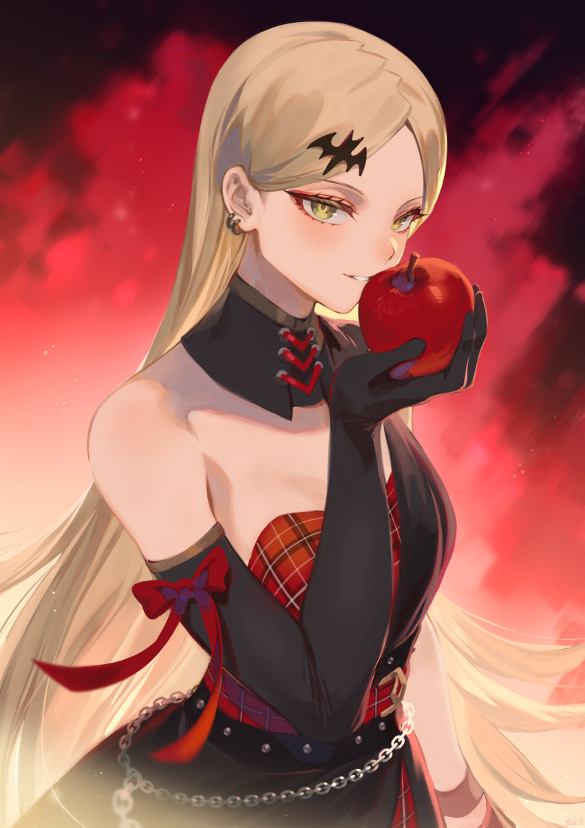 1girl apple avatar_2.0_project bangs bare_shoulders bat_hair_ornament black_dress black_gloves blonde_hair bow breasts chain commentary_request cowboy_shot dress earrings elbow_gloves food forehead fruit gloves hair_behind_ear hair_ornament hairclip hand_up highres holding holding_food holding_fruit jewelry kujou_ringo long_hair looking_at_viewer mashuu_(neko_no_oyashiro) parted_bangs parted_lips piercing plaid plaid_dress red_background red_bow red_dress sleeveless smile solo strapless strapless_dress upper_body very_long_hair virtual_youtuber yellow_eyes