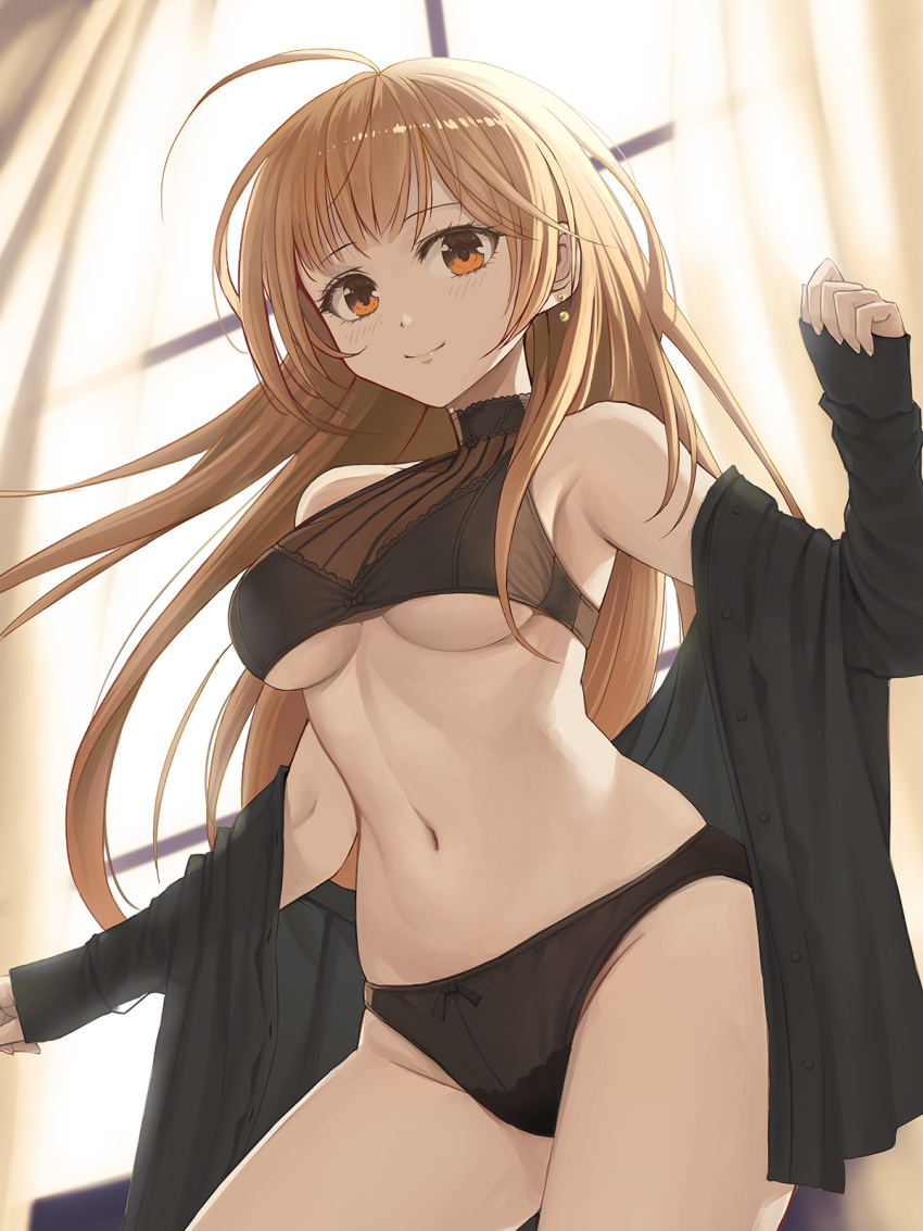 1girl ahoge backlighting bangs bare_shoulders black_bra black_panties black_shirt blush bra breasts brown_hair closed_mouth commentary_request contrapposto cowboy_shot earrings eyebrows_visible_through_hair highres indoors jchoy jewelry long_hair long_sleeves looking_at_viewer medium_breasts navel off_shoulder open_clothes open_shirt orange_eyes original panties shirt sleeveless solo stomach unbuttoned unbuttoned_shirt under_boob underwear very_long_hair window