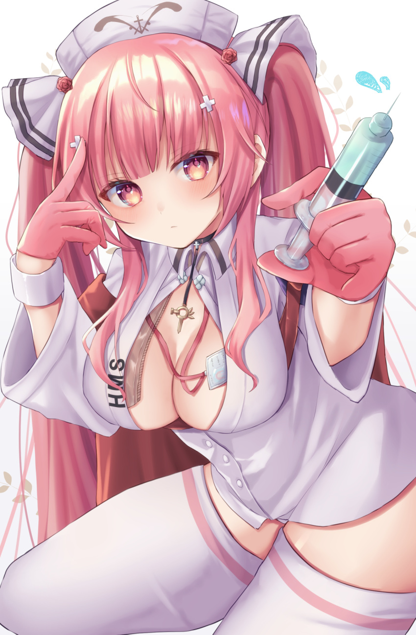 1girl artist_request azur_lane center_opening cross_hair_ornament gloves hair_ornament half_gloves hat highres holding holding_syringe id_card long_hair looking_at_viewer nurse nurse_cap perseus_(azur_lane) perseus_(nursery_service_time)_(azur_lane) pink_eyes pink_gloves pink_hair shirt simple_background solo syringe very_long_hair white_background white_headwear white_legwear white_shirt wrist_cuffs