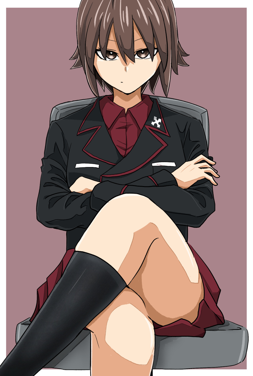 1girl bangs black_headwear black_jacket black_legwear brown_background brown_eyes brown_hair closed_mouth commentary crossed_arms crossed_legs dress_shirt frown garrison_cap girls_und_panzer half-closed_eyes hat highres insignia jacket kuromorimine_military_uniform long_sleeves looking_at_viewer military military_hat military_uniform miniskirt natsume_mina nishizumi_maho outside_border pleated_skirt red_shirt red_skirt shirt short_hair sitting skirt socks solo uniform wing_collar