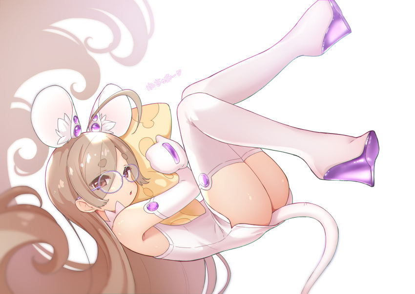 1girl absurdly_long_hair animal_ear_fluff animal_ears bangs bare_shoulders boots brown_hair commentary_request dress eyebrows_visible_through_hair eyes_visible_through_hair glasses highres jigatei_(omijin) long_hair mittens mouse_ears mouse_girl mouse_tail object_hug original parted_bangs purple-framed_eyewear red_eyes round_eyewear short_eyebrows simple_background solo tail thick_eyebrows thigh-highs thigh_boots translation_request very_long_hair white_background white_dress white_footwear white_legwear white_mittens