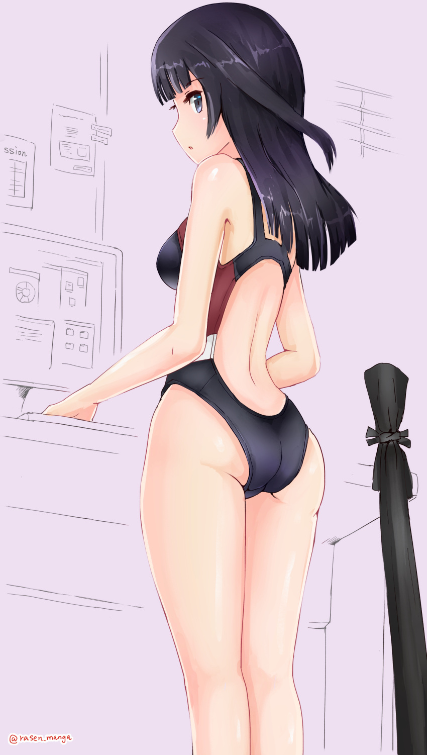1girl absurdres agatsuma_kaede alice_gear_aegis ass bangs black_eyes black_hair black_swimsuit blunt_bangs commentary_request competition_swimsuit computer feet_out_of_frame from_behind grey_background highres looking_at_viewer one-piece_swimsuit rasen_manga solo standing swimsuit