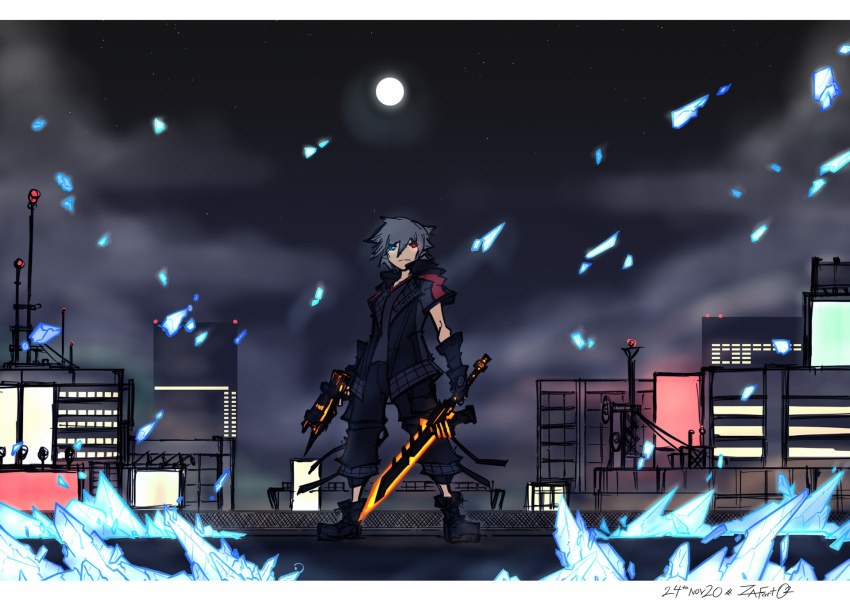 1boy boots bow_(weapon) building city crossbow crystal dual_wielding fingerless_gloves gloves glowing glowing_sword glowing_weapon heterochromia highres holding jacket kingdom_hearts kingdom_hearts_iii looking_at_viewer moon night night_sky rooftop serious silver_hair sky solo standing sword weapon yozora_(kingdom_hearts) zafa-02