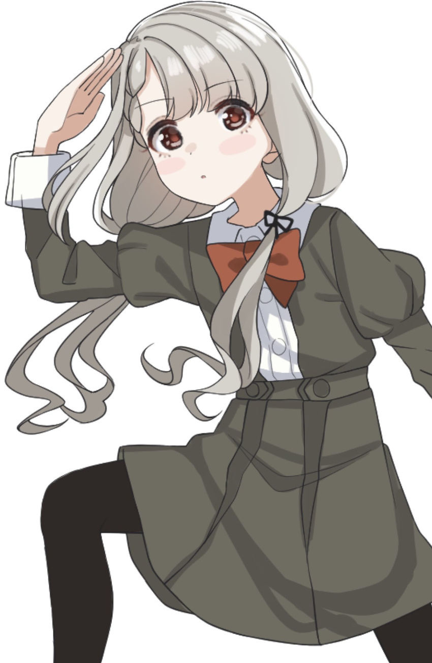 1girl :o arm_up bangs black_legwear black_ribbon blush_stickers bow braid braided_bangs brown_eyes collared_shirt commentary_request eyebrows_visible_through_hair grey_hair grey_jacket grey_skirt hair_over_shoulder hair_ribbon highres hisakawa_nagi idolmaster idolmaster_cinderella_girls idolmaster_cinderella_girls_starlight_stage jacket juliet_sleeves long_hair long_sleeves looking_at_viewer low_twintails open_clothes open_jacket pantyhose parted_lips pleated_skirt puffy_sleeves red_bow ribbon shirt shiwa_(siwaa0419) simple_background skirt solo standing twintails very_long_hair white_background white_shirt