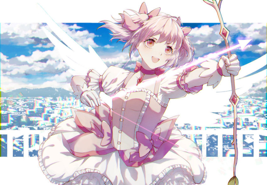 1girl :d aiming blue_sky border bow_(weapon) breasts bubble_skirt building buttons choker chromatic_aberration city cityscape clouds cloudy_sky collarbone commentary day eyebrows_visible_through_hair eyelashes facing_viewer fence floating_hair frilled_skirt frilled_sleeves frills gloves hair_ribbon highres holding holding_bow_(weapon) holding_weapon kaname_madoka looking_afar mahou_shoujo_madoka_magica open_mouth outdoors outstretched_arm pink_choker pink_eyes pink_hair pink_neckwear pink_ribbon puffy_short_sleeves puffy_sleeves ribbon ribbon_choker saikou-iro_aurora short_sleeves short_twintails skirt sky small_breasts smile solo soul_gem sparkling_eyes symbol_commentary tareme teeth twintails upper_body upper_teeth weapon white_border white_gloves white_skirt wings
