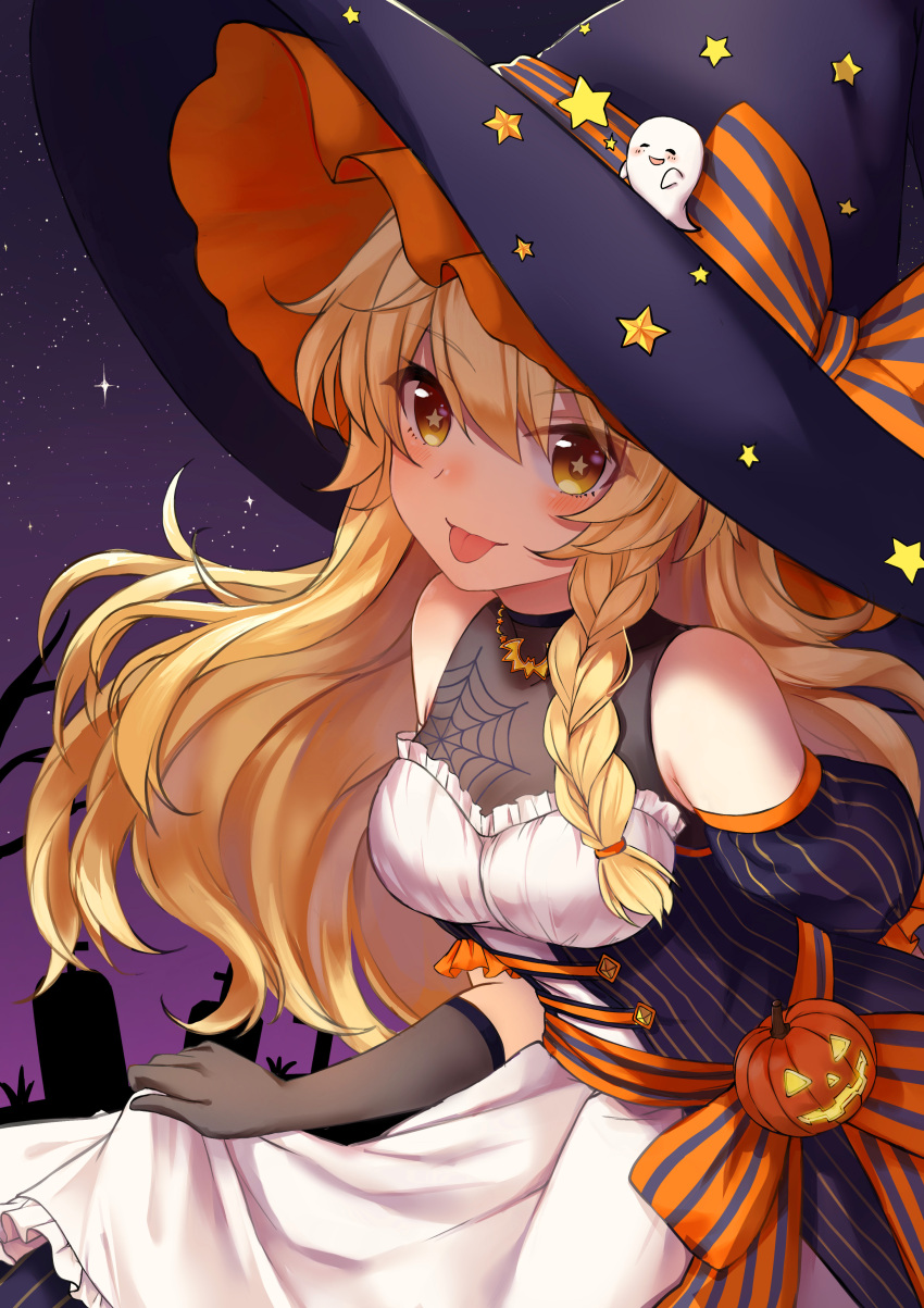 1girl :p absurdres adapted_costume apron bare_shoulders black_gloves black_headwear blonde_hair blush bow braid breasts commentary_request dress elbow_gloves eyebrows_visible_through_hair gloves gradient_sky graveyard hair_between_eyes hat highres holding holding_clothes holding_skirt jack-o'-lantern kirisame_marisa leaning_forward lifted_by_self long_hair medium_breasts mixed-language_commentary night night_sky off-shoulder_dress off_shoulder orange_bow puffy_short_sleeves puffy_sleeves see-through short_sleeves silk single_braid skirt skirt_lift sky solo spider_web star-shaped_pupils star_(sky) star_(symbol) starry_sky striped striped_bow symbol-shaped_pupils symbol_commentary tongue tongue_out touhou touri_tarou_(misconception) upper_body witch_hat yellow_eyes
