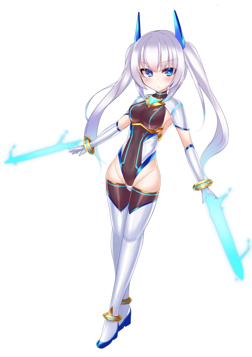 1girl blue_eyes blush boots breasts celestia_quartz covered_navel energy_blade full_body gloves gold_bracelet groin highres kutan leotard long_hair magical_girl medium_breasts original simple_background solo standing thigh-highs thigh_boots twintails white_background white_footwear white_gloves white_hair
